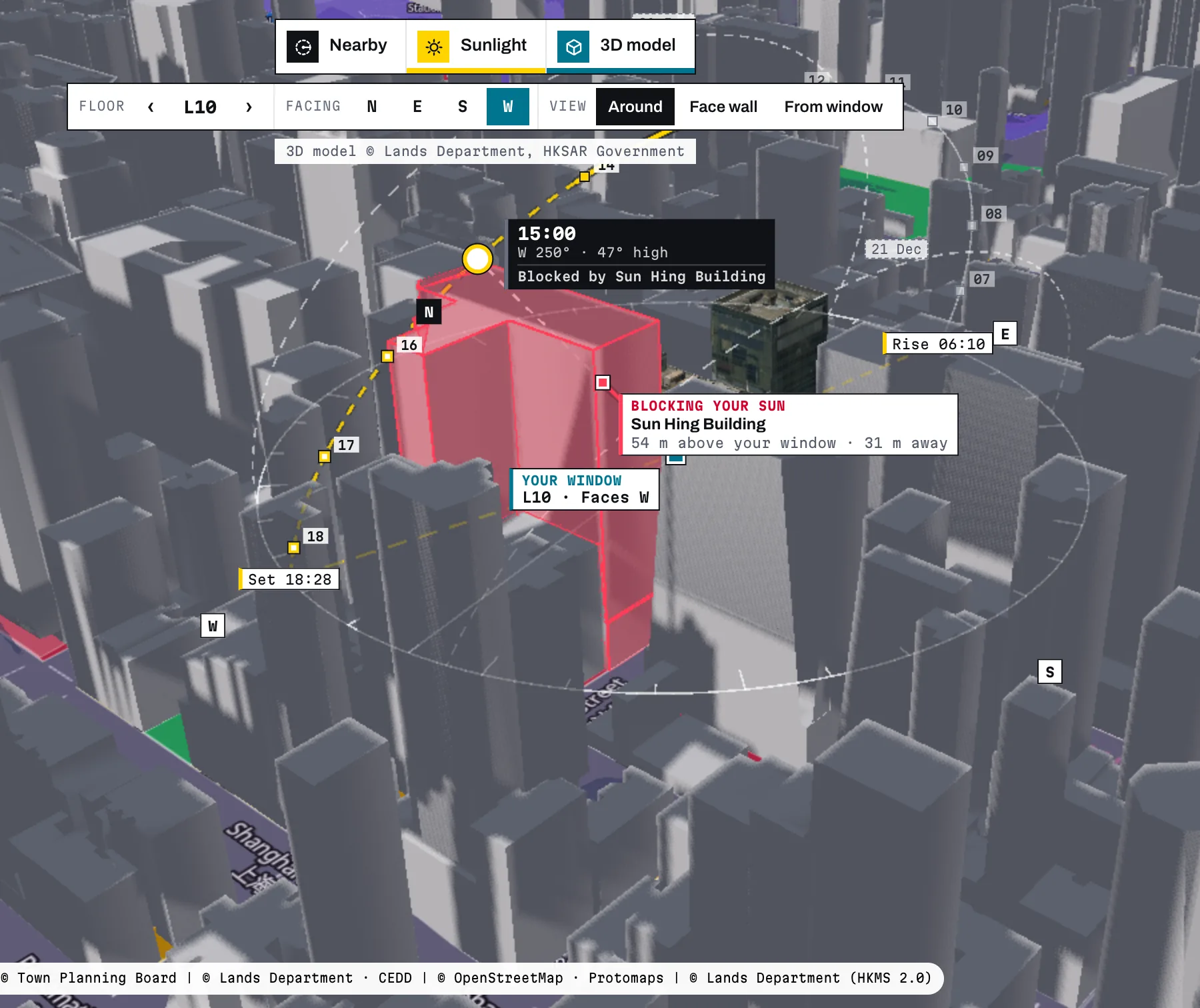 KongInsight map, sun path over Hollywood Plaza, level 10, west wall — 15:00: Blocked by Sun Hing Building